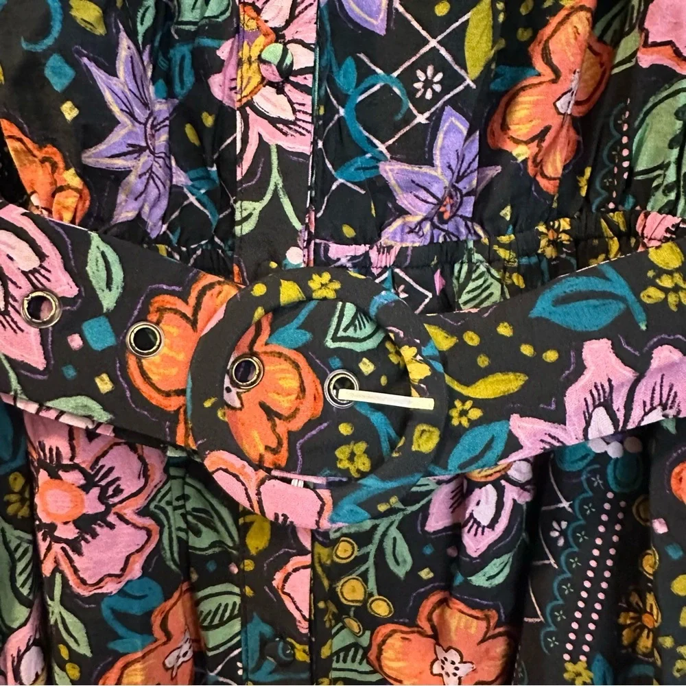 Avara Elena Floral Belted 3/4 Sleeve Mini Dress Black Multicolor Size XS - Picture 10 of 16